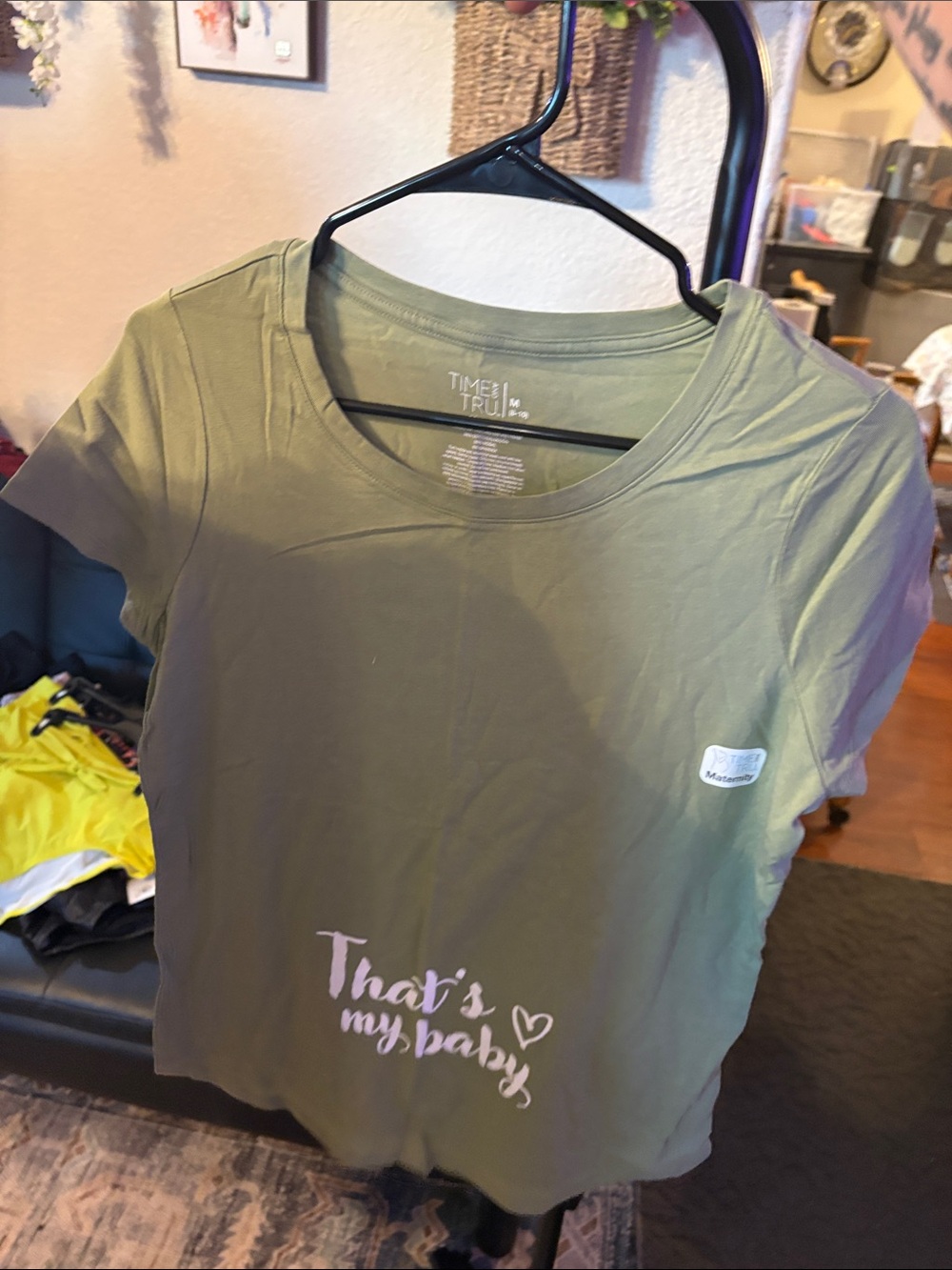 Time and Tru Olive Green Short Sleeve Tee "That's my baby" Maternity